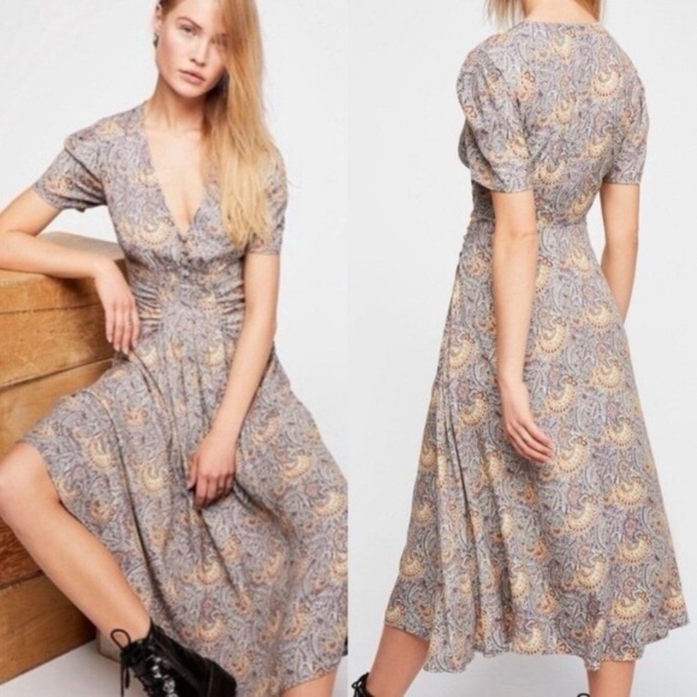 Free People Paisley Midi Dress in Gray and Mustard Tones (runs small)
